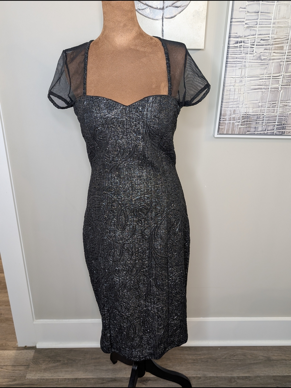 Black Embossed Midi Dress with Sheer And Embroidered Back